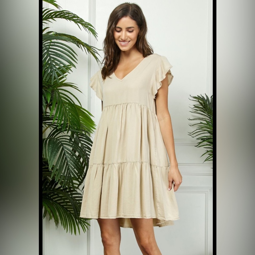 Elegant Oatmeal Ruffle Sleeve Dress